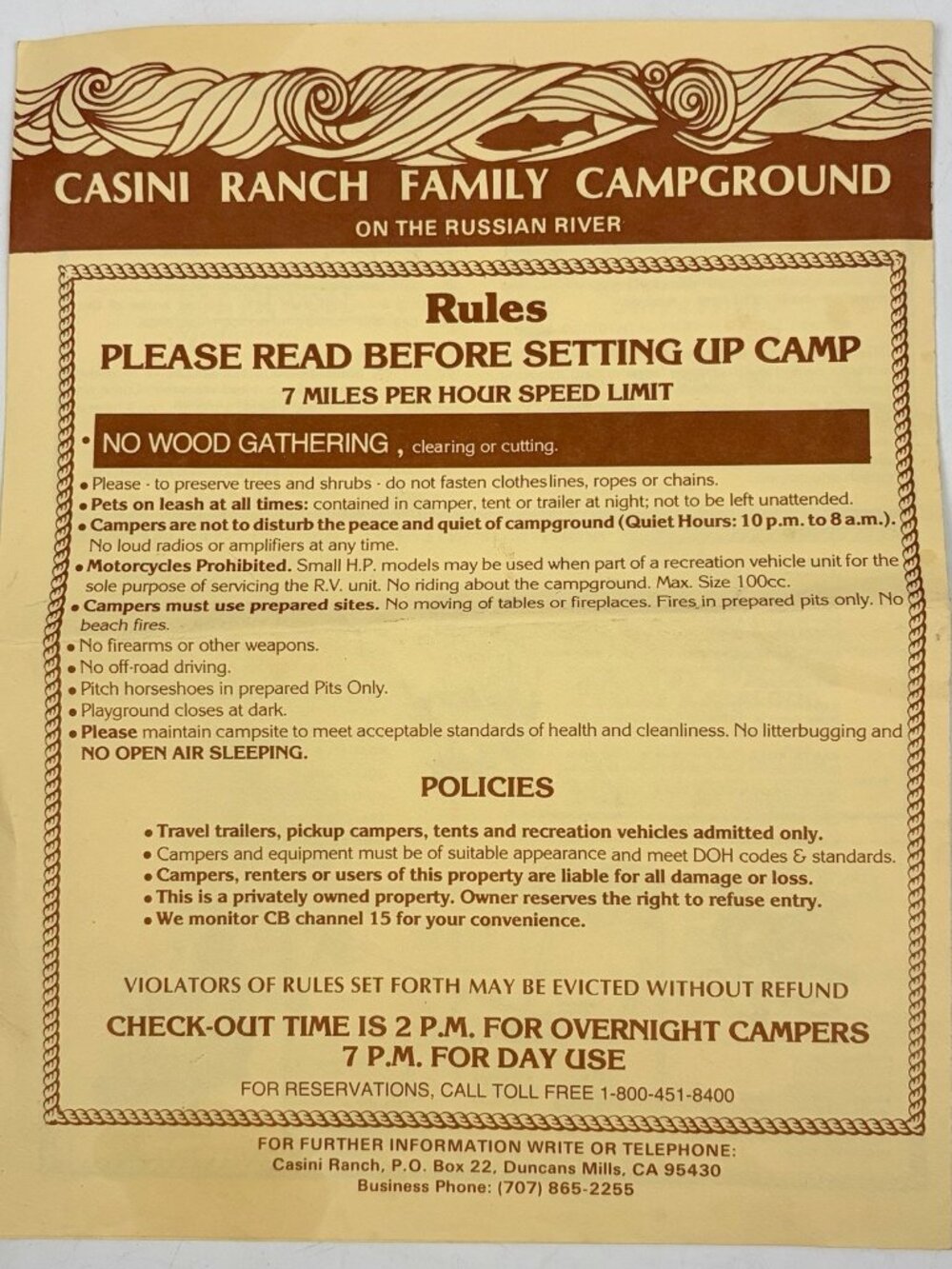 VTG Casini Ranch Family Campground Brochure Map Russian River Duncans Mills Ca